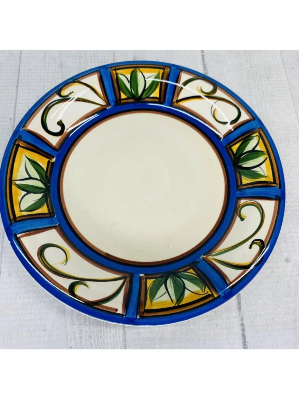 Liddy GREEN PLANTS Hand Painted Blue Trim Ceramic Salad Snack Round Plates Set 6